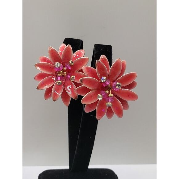 Vintage Jewelry - Vintage 1950s Pink Lucite Flower Clip On Earrings with Rhinestones and Beads